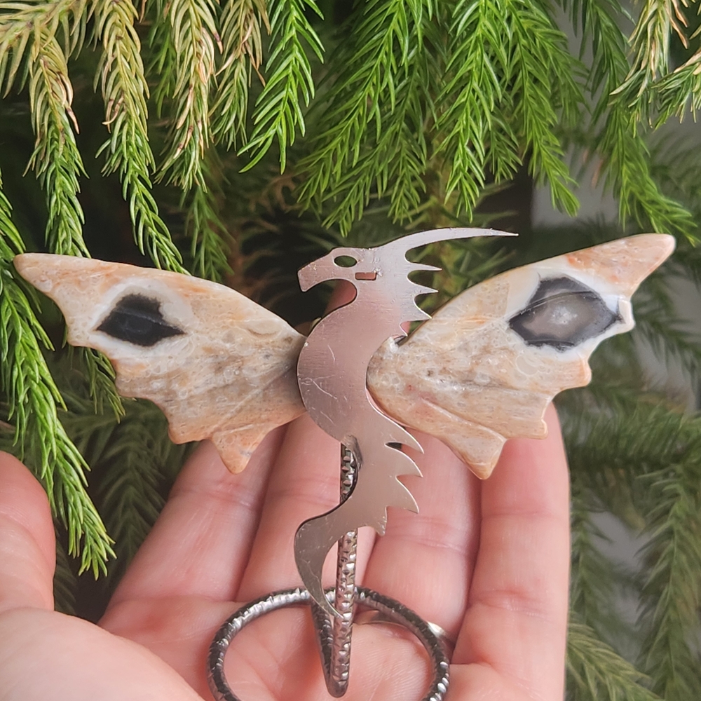 Volcano Agate Dragon Wings On Metal Stand. Crystal Decor